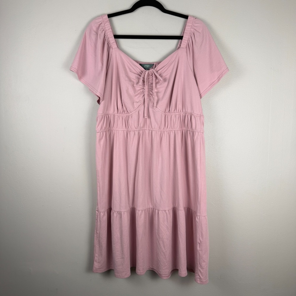Terra & Sky Tiered Mini Dress Women 0X Pink Square Neck Casual Short Sleeve Fun